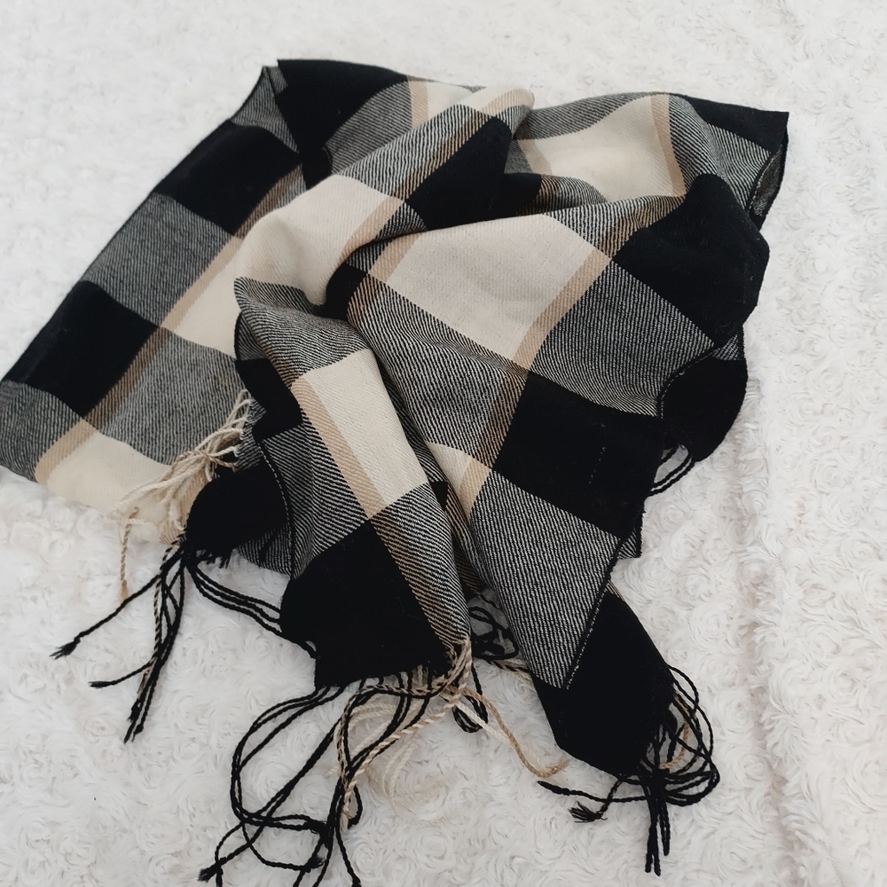 Lovely Warm Neutral plaid Accent Scarf with fringe 60x16 Winter Normcore